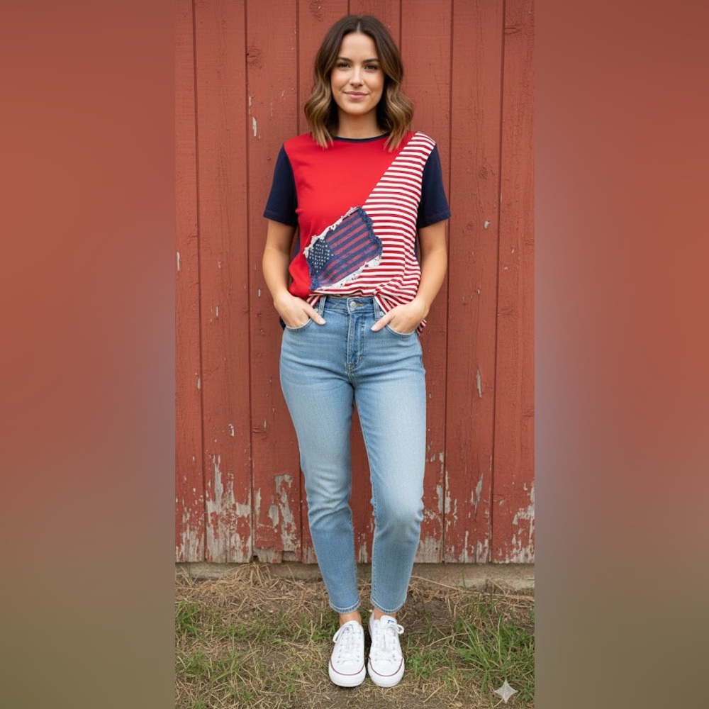 Karen Scott Sport Women’s Block T Shirt USA Flag PL 12/14 Red White 4th July